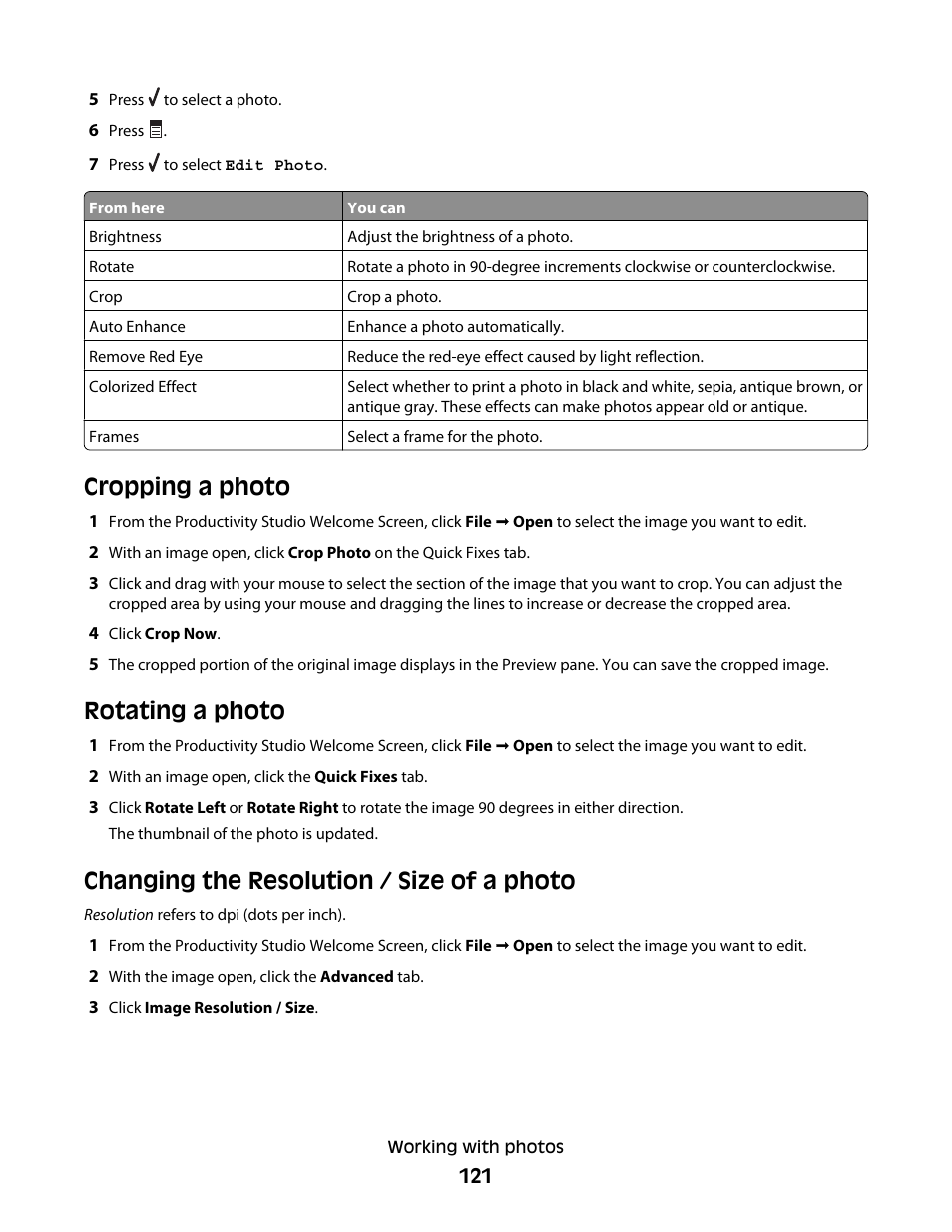 Cropping a photo, Rotating a photo, Changing the resolution / size of a photo | Cropping a photo rotating a photo | Lexmark 9500 Series User Manual | Page 121 / 290