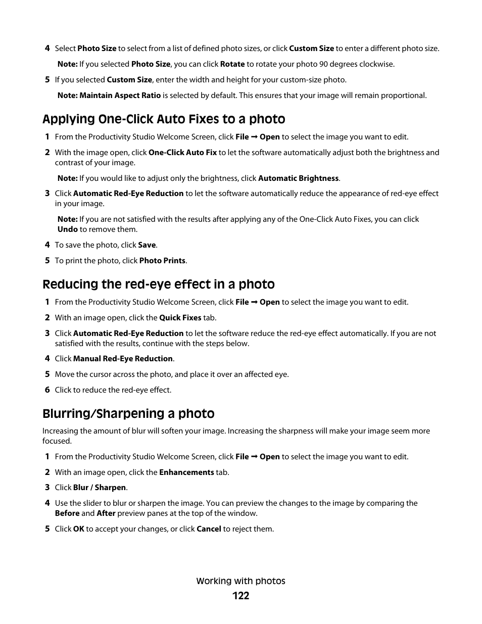 Applying one-click auto fixes to a photo, Reducing the red-eye effect in a photo, Blurring/sharpening a photo | Lexmark 9500 Series User Manual | Page 122 / 290