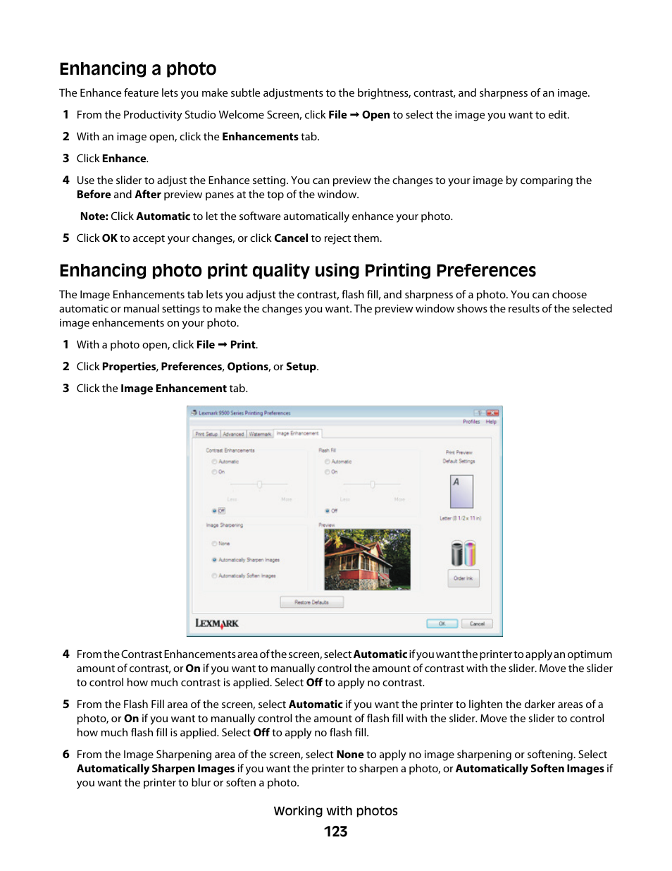 Enhancing a photo | Lexmark 9500 Series User Manual | Page 123 / 290