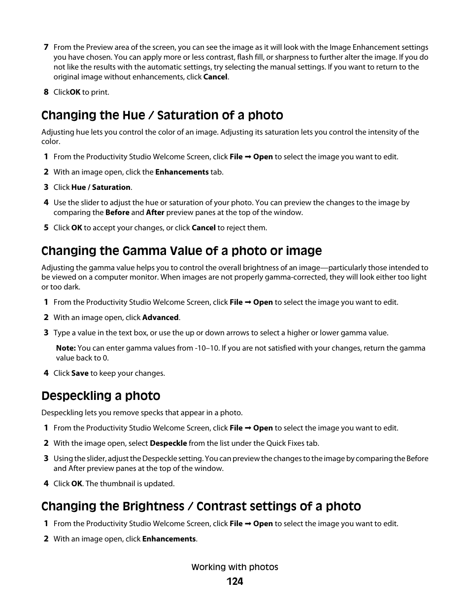 Changing the hue /﻿ saturation of a photo, Changing the gamma value of a photo or image, Despeckling a photo | Changing the hue / saturation of a photo | Lexmark 9500 Series User Manual | Page 124 / 290