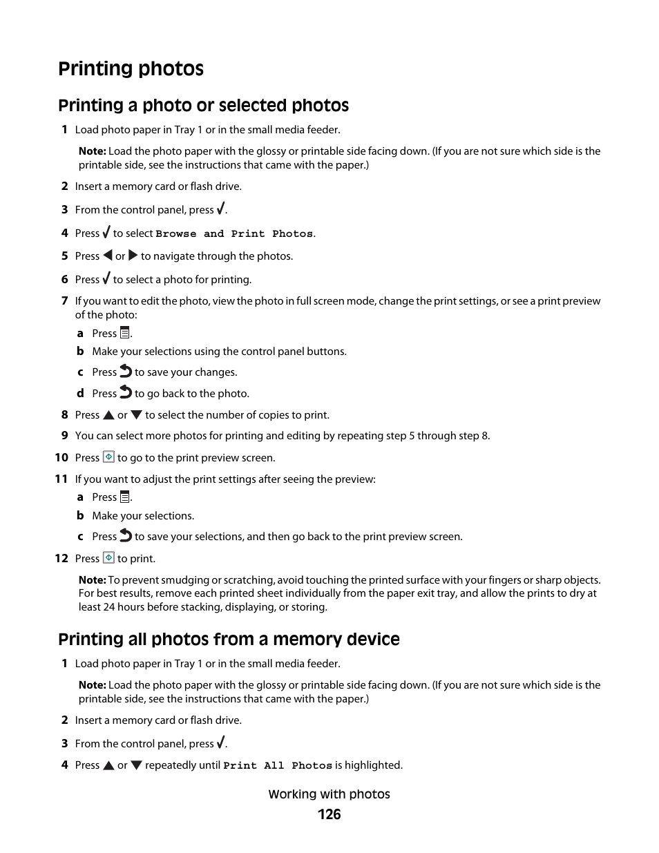 Printing photos, Printing a photo or selected photos, Printing all photos from a memory device | Lexmark 9500 Series User Manual | Page 126 / 290