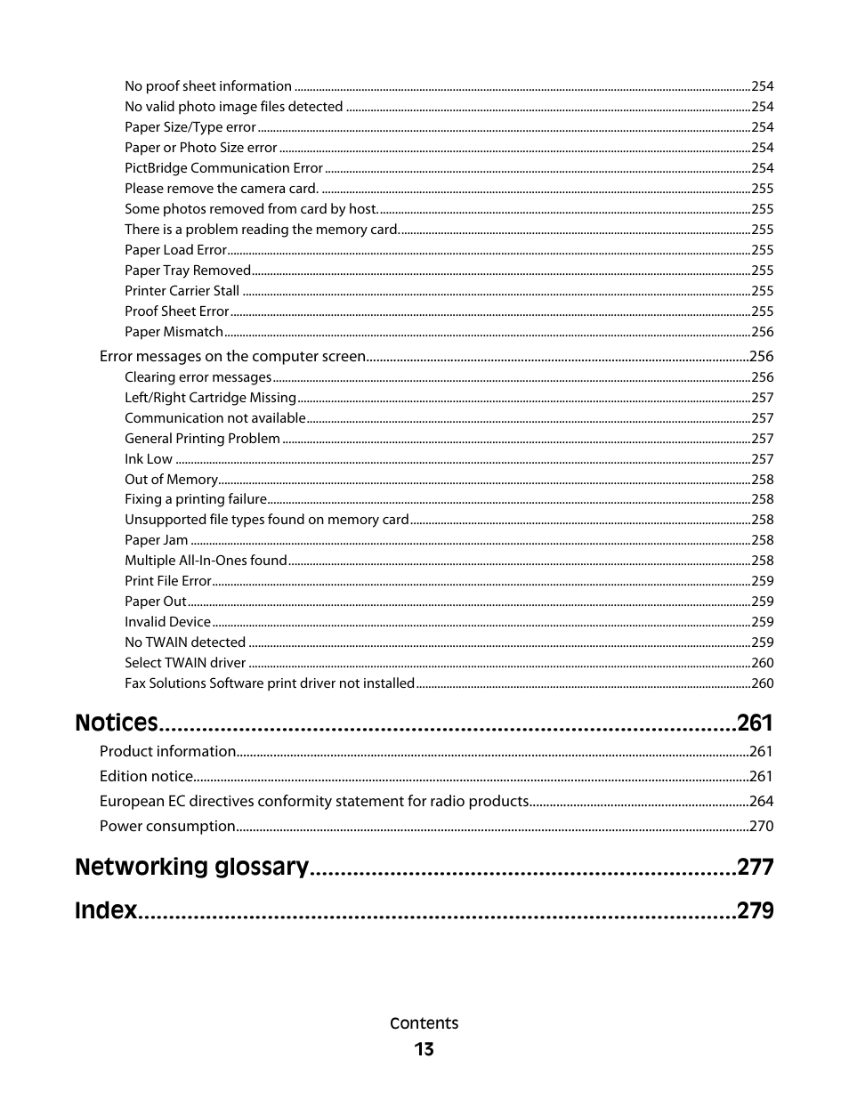 Notices, Networking glossary index | Lexmark 9500 Series User Manual | Page 13 / 290