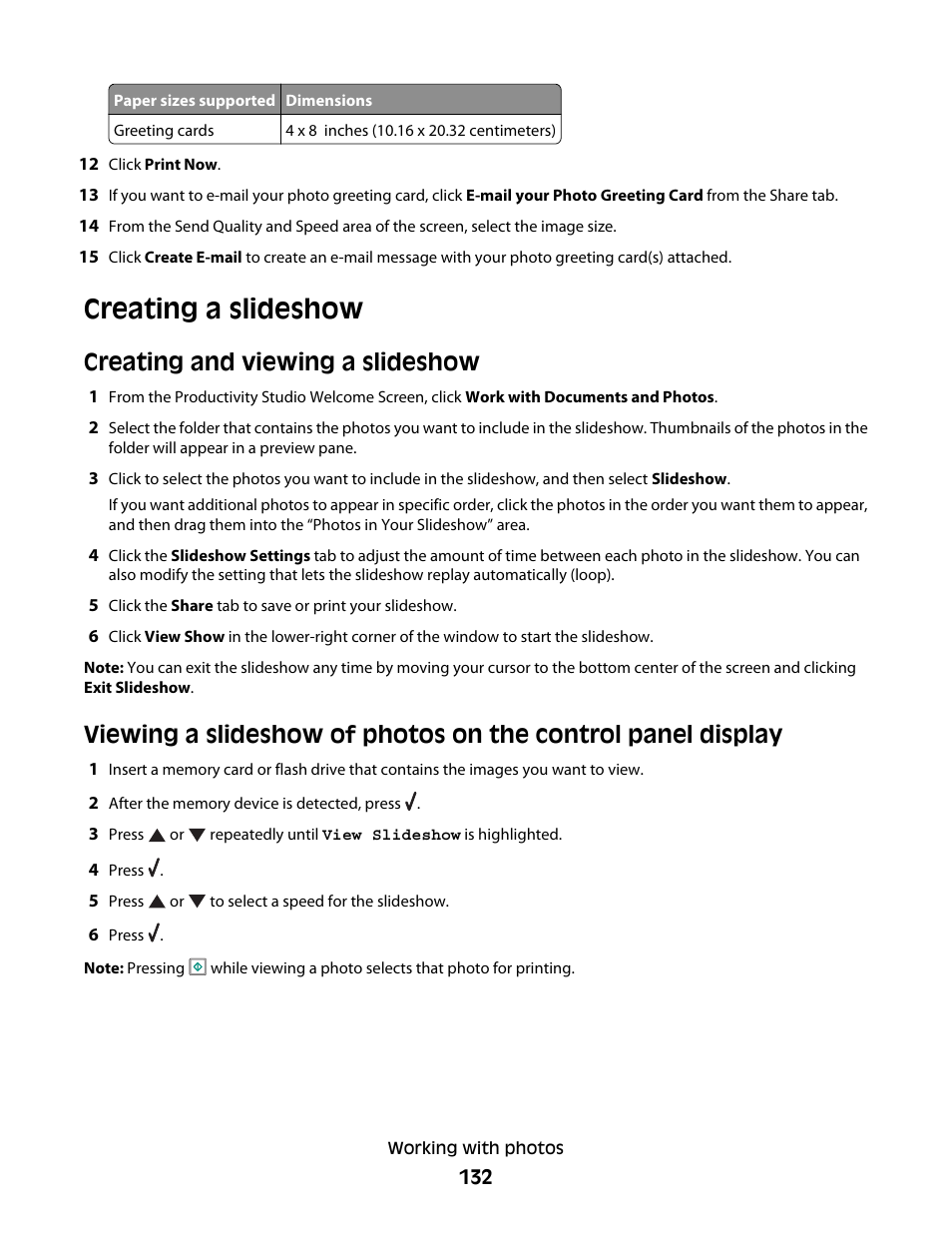 Creating a slideshow, Creating and viewing a slideshow | Lexmark 9500 Series User Manual | Page 132 / 290