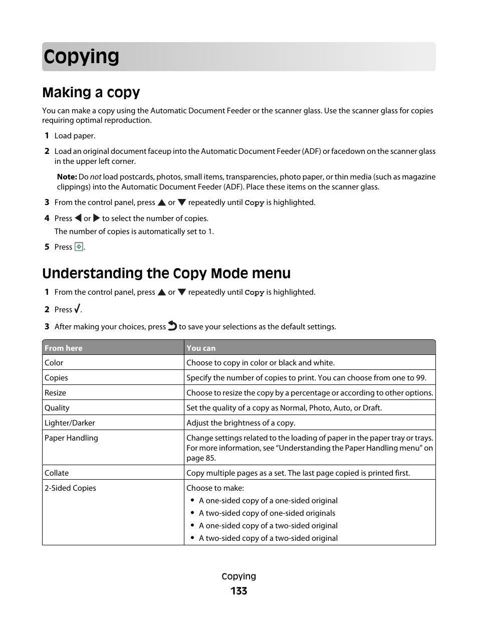 Copying, Making a copy, Understanding the copy mode menu | Lexmark 9500 Series User Manual | Page 133 / 290