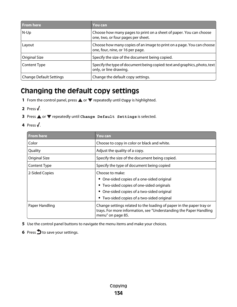 Changing the default copy settings | Lexmark 9500 Series User Manual | Page 134 / 290