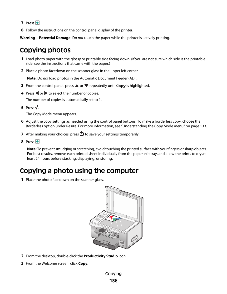 Copying photos, Copying a photo using the computer | Lexmark 9500 Series User Manual | Page 136 / 290