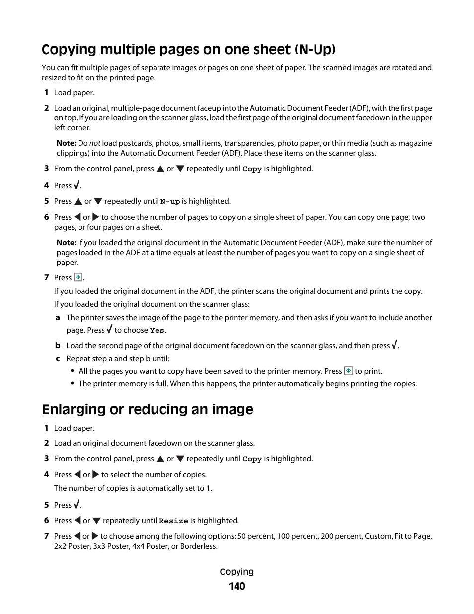 Enlarging or reducing an image, Copying multiple pages on one sheet (n-up) | Lexmark 9500 Series User Manual | Page 140 / 290