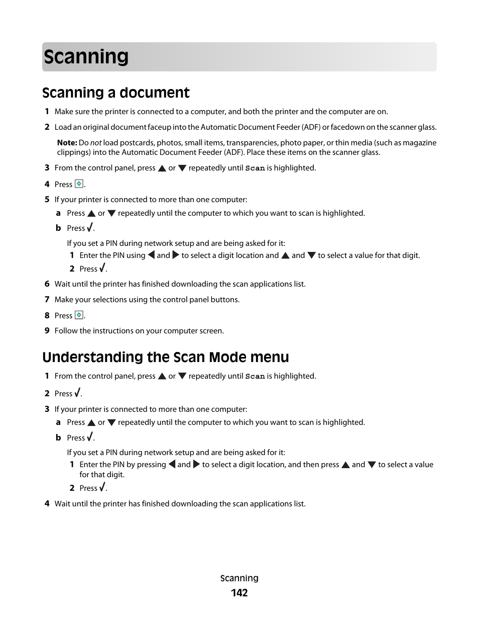 Scanning, Scanning a document, Understanding the scan mode menu | Lexmark 9500 Series User Manual | Page 142 / 290