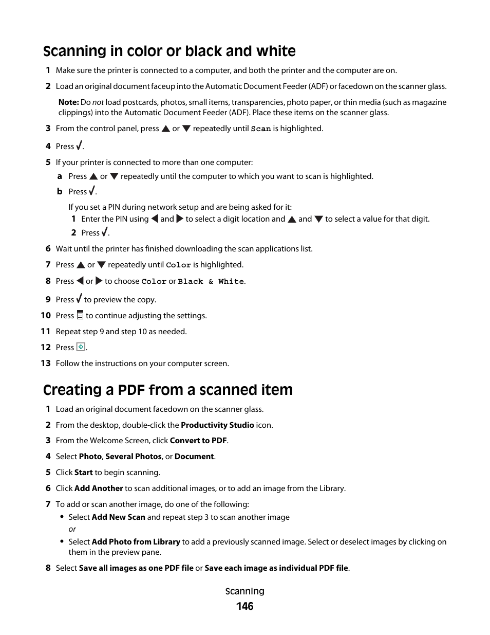 Scanning in color or black and white, Creating a pdf from a scanned item | Lexmark 9500 Series User Manual | Page 146 / 290