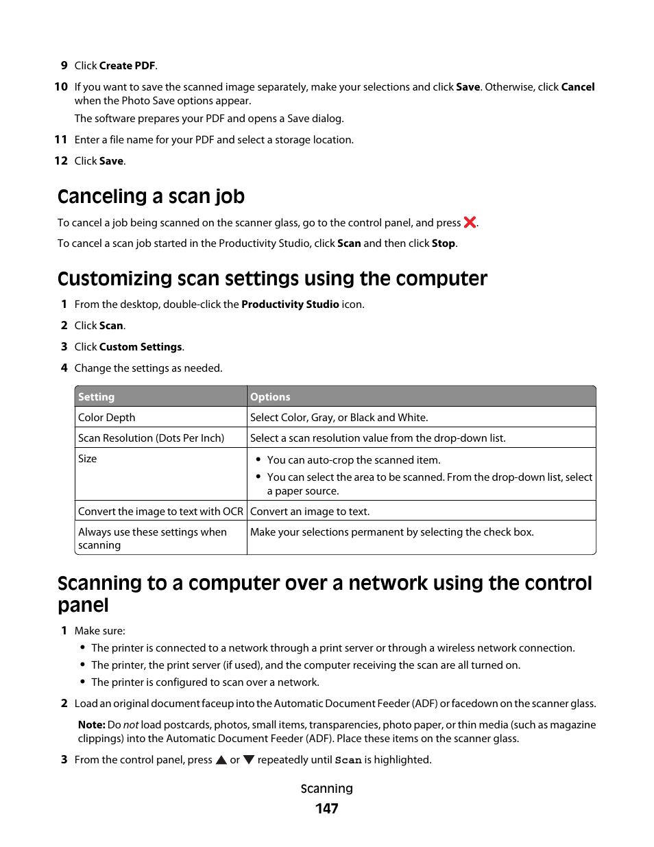 Canceling a scan job, Customizing scan settings using the computer | Lexmark 9500 Series User Manual | Page 147 / 290