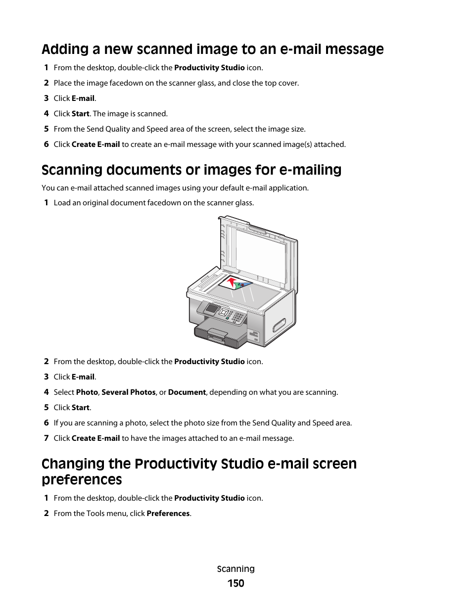 Adding a new scanned image to an e-mail message, Scanning documents or images for e-mailing | Lexmark 9500 Series User Manual | Page 150 / 290
