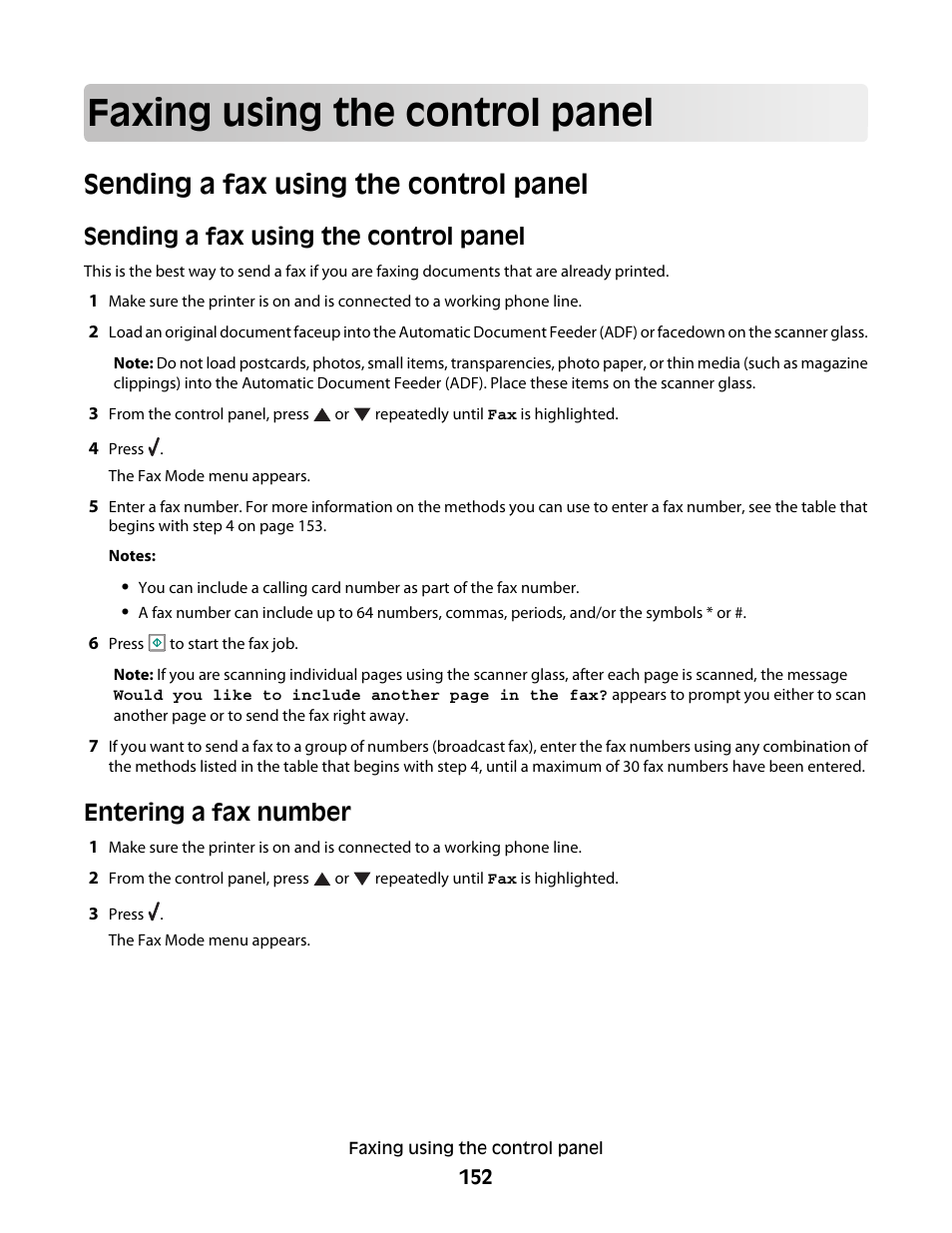 Faxing using the control panel, Sending a fax using the control panel, Entering a fax number | Lexmark 9500 Series User Manual | Page 152 / 290