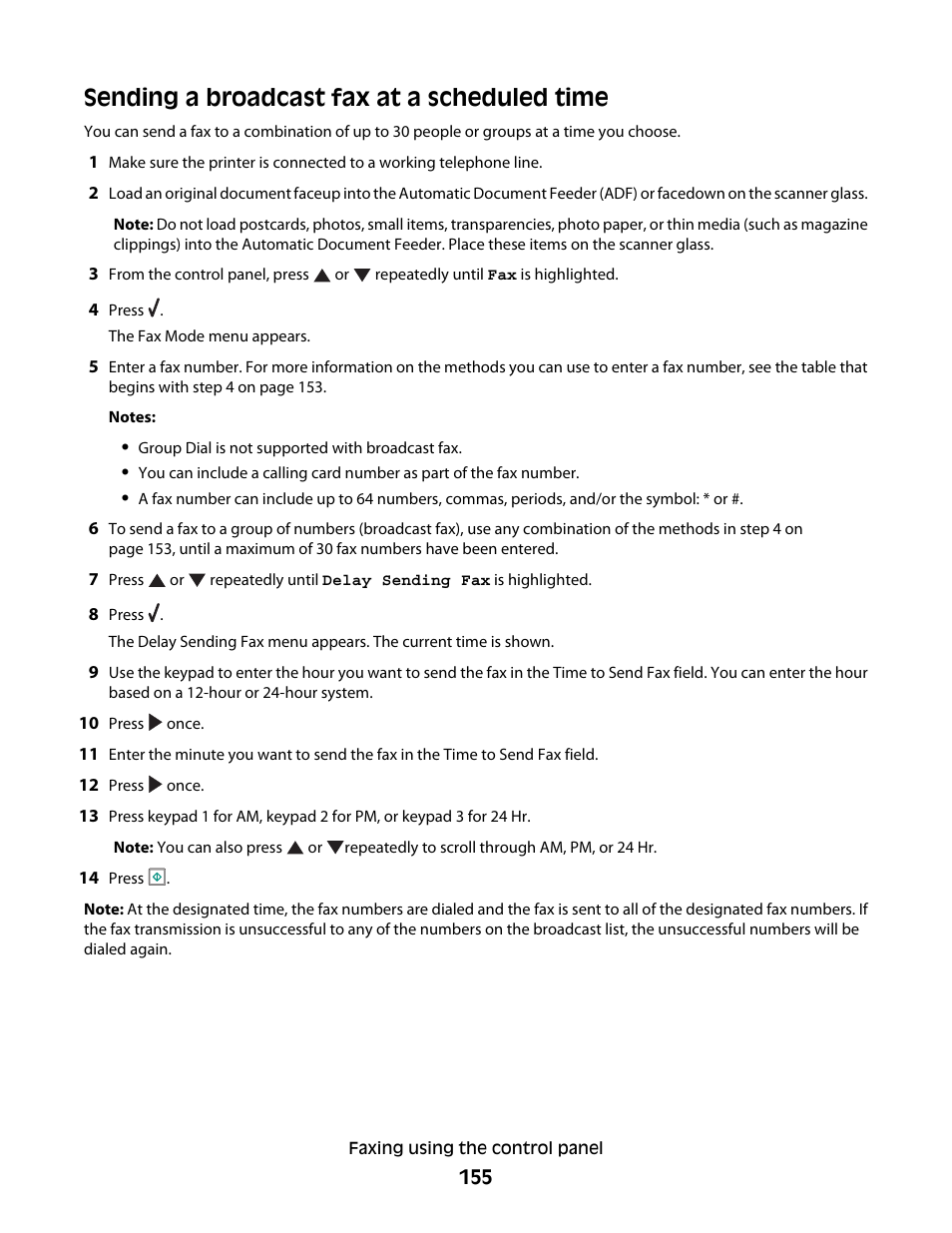 Sending a broadcast fax at a scheduled time | Lexmark 9500 Series User Manual | Page 155 / 290