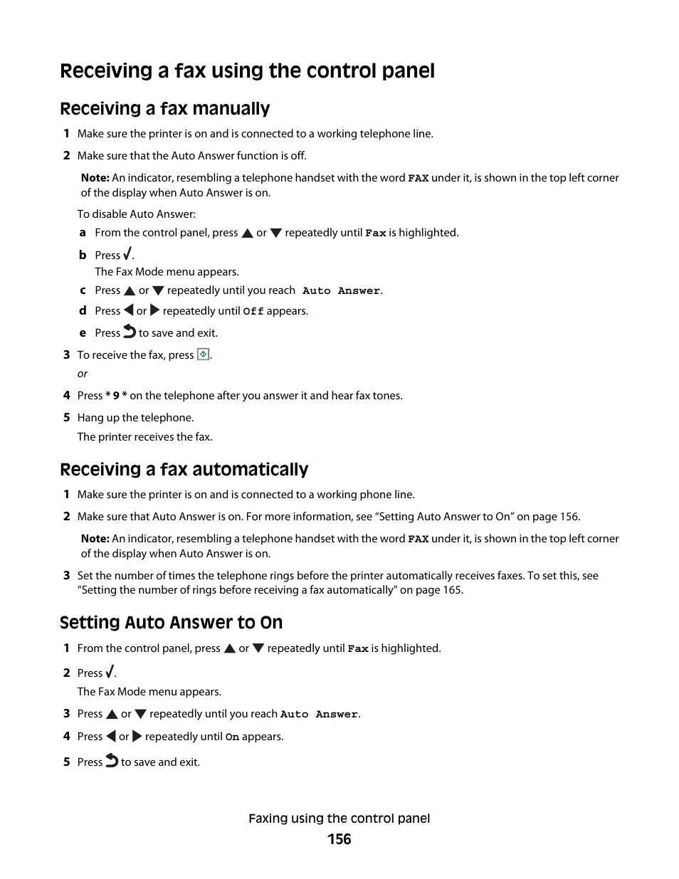 Receiving a fax using the control panel, Receiving a fax manually, Receiving a fax automatically | Setting auto answer to on | Lexmark 9500 Series User Manual | Page 156 / 290