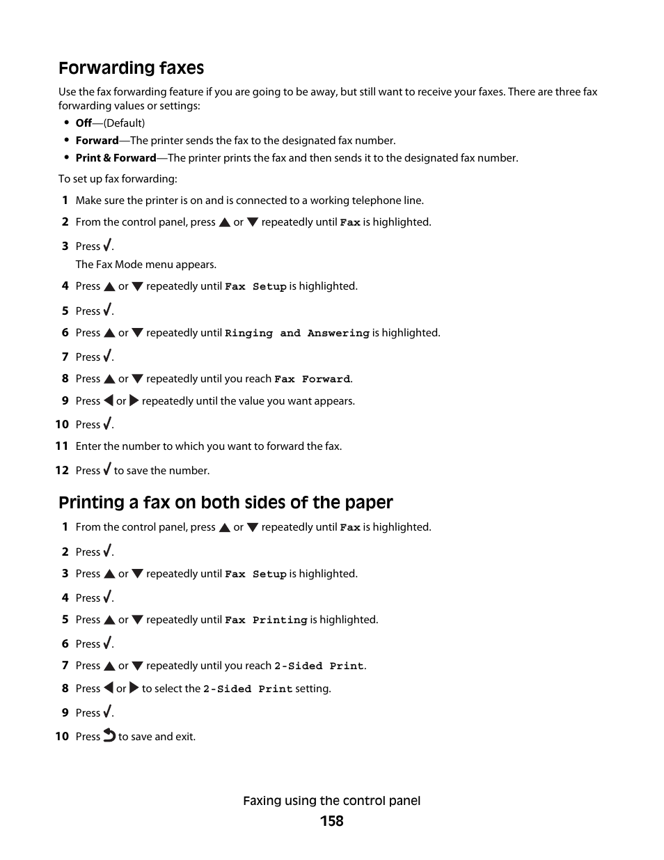 Forwarding faxes, Printing a fax on both sides of the paper | Lexmark 9500 Series User Manual | Page 158 / 290