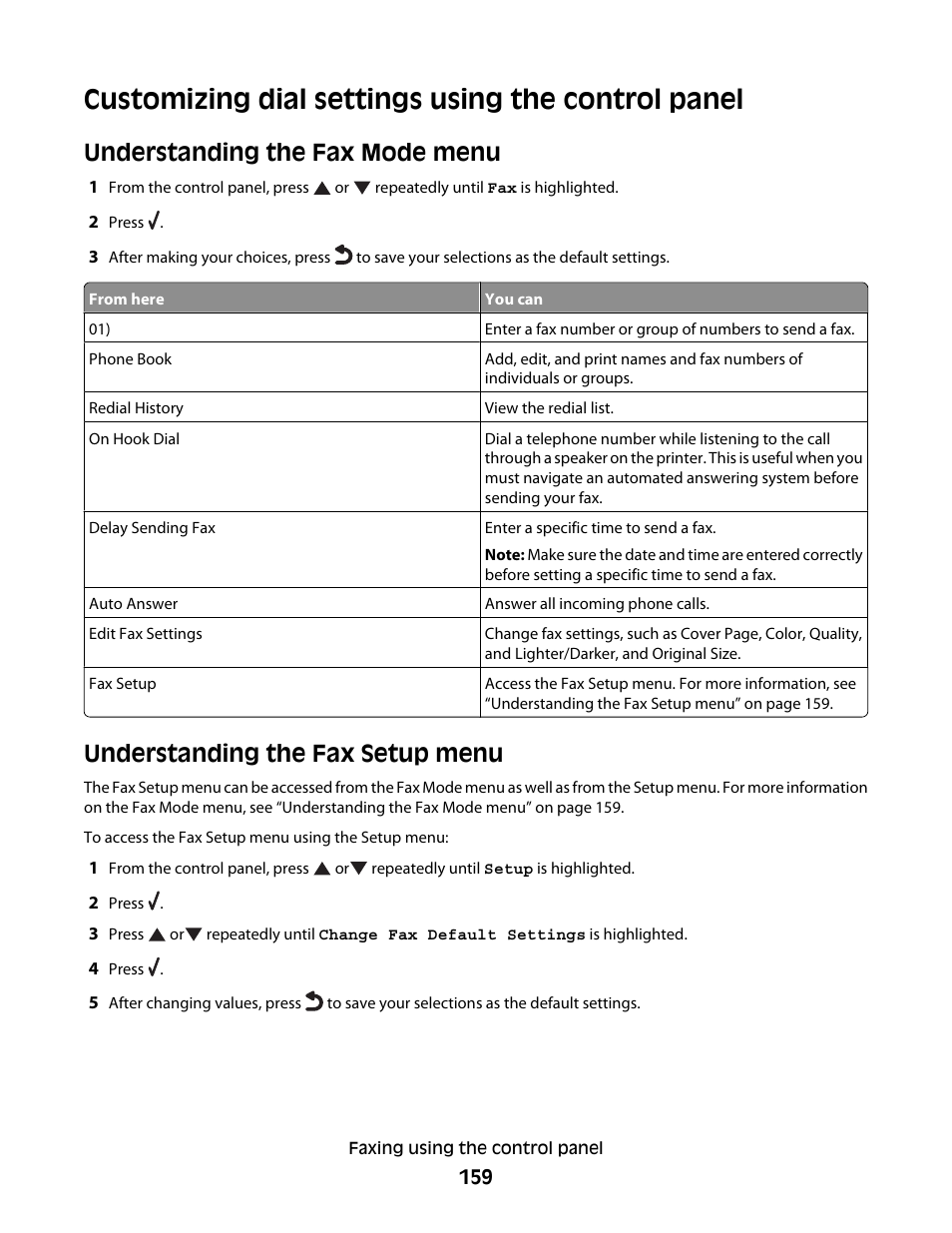 Customizing dial settings using the control panel, Understanding the fax mode menu, Understanding the fax setup menu | Lexmark 9500 Series User Manual | Page 159 / 290