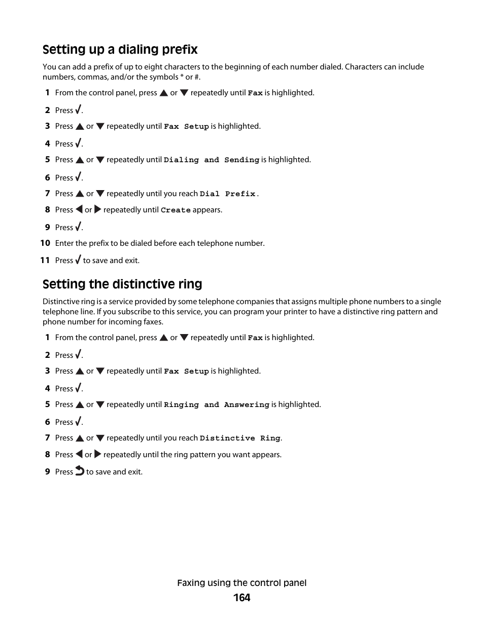 Setting up a dialing prefix, Setting the distinctive ring | Lexmark 9500 Series User Manual | Page 164 / 290