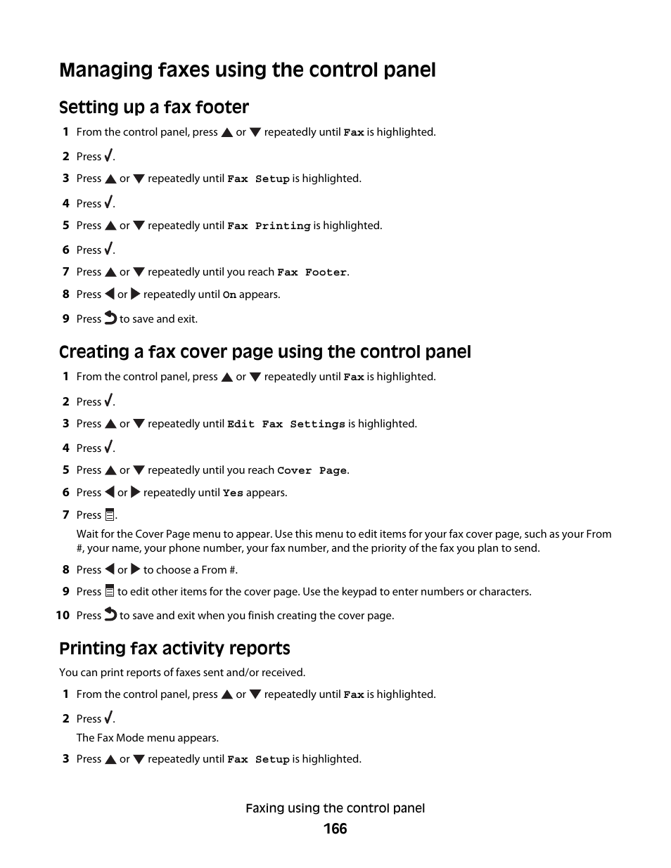 Managing faxes using the control panel, Setting up a fax footer, Printing fax activity reports | Creating a fax cover page using the control panel | Lexmark 9500 Series User Manual | Page 166 / 290