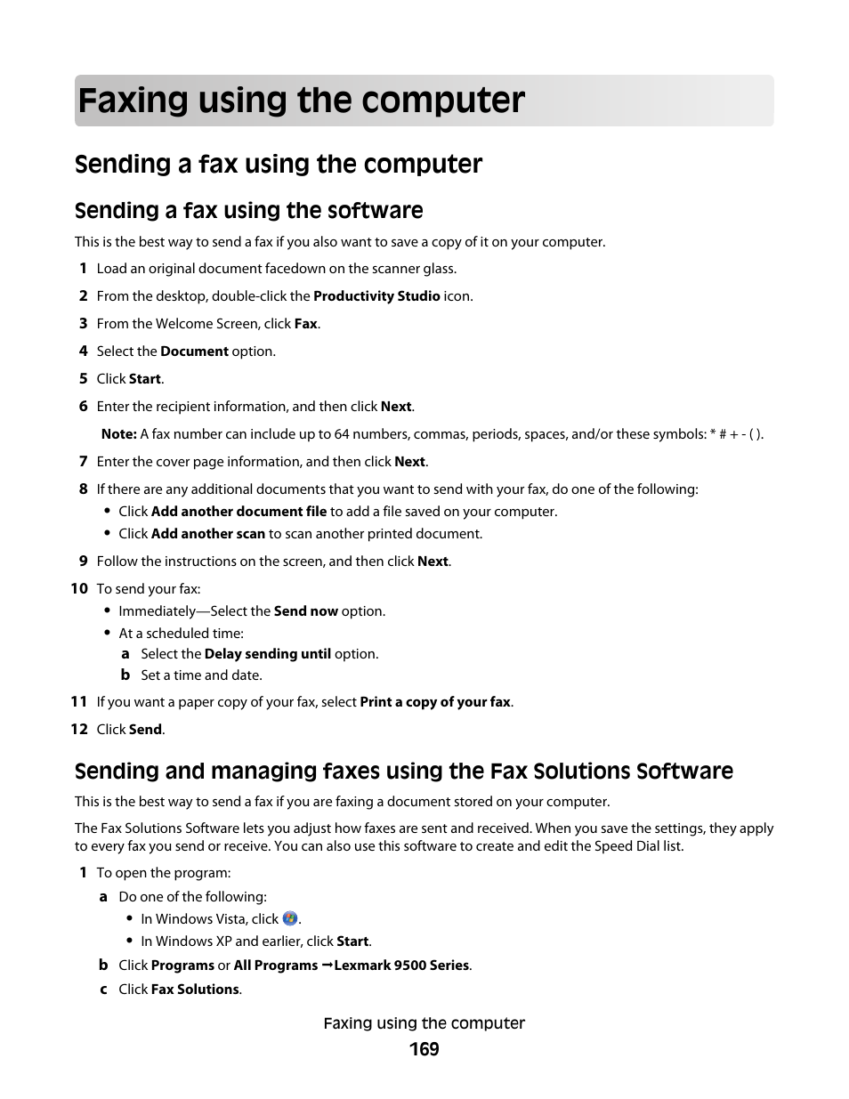 Faxing using the computer, Sending a fax using the computer, Sending a fax using the software | Lexmark 9500 Series User Manual | Page 169 / 290