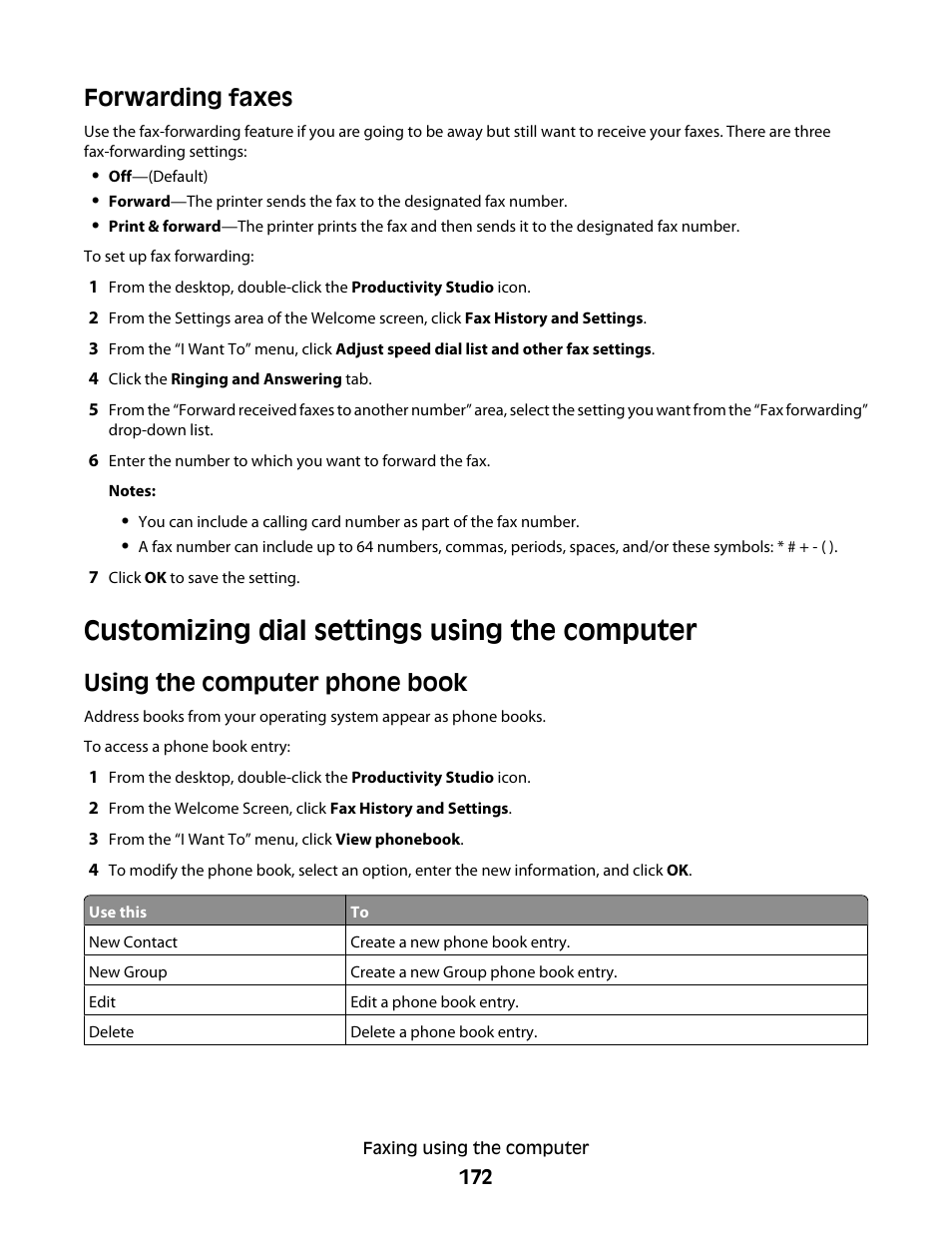 Forwarding faxes, Customizing dial settings using the computer, Using the computer phone book | Lexmark 9500 Series User Manual | Page 172 / 290
