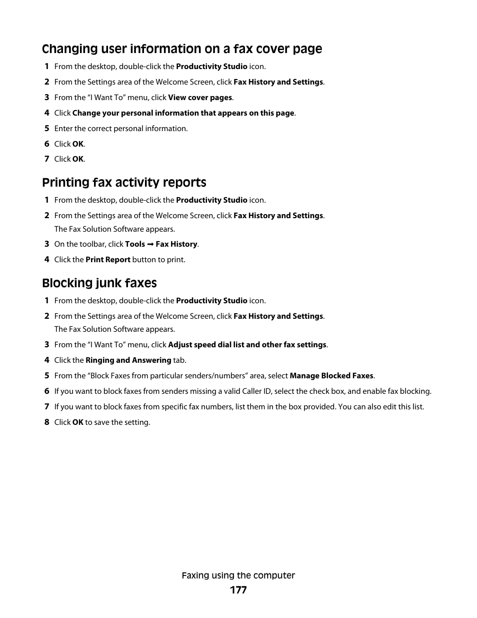 Printing fax activity reports, Blocking junk faxes, Changing user information on a fax cover page | Lexmark 9500 Series User Manual | Page 177 / 290
