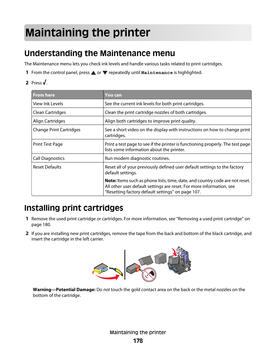 Maintaining the printer, Understanding the maintenance menu, Installing print cartridges | Lexmark 9500 Series User Manual | Page 178 / 290