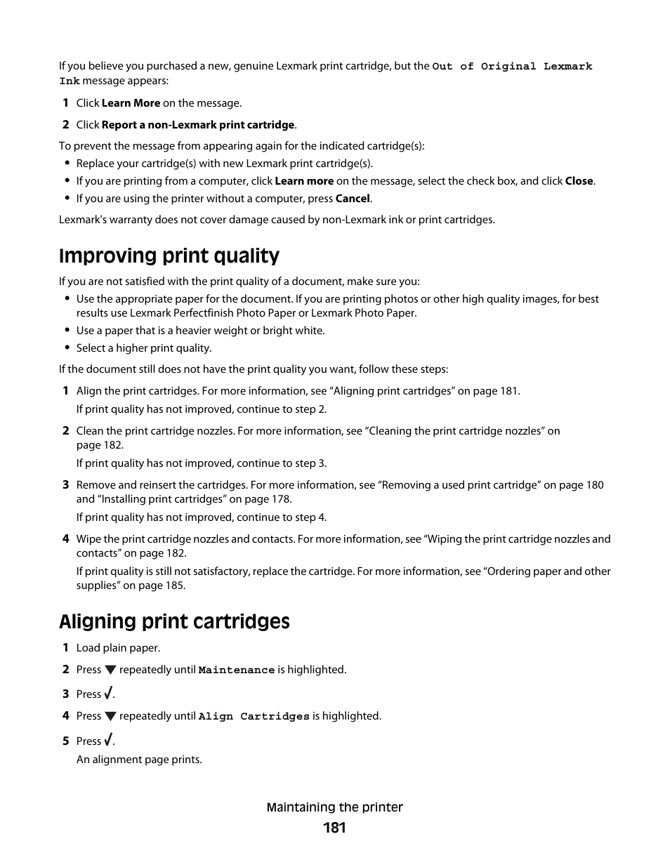 Improving print quality, Aligning print cartridges | Lexmark 9500 Series User Manual | Page 181 / 290