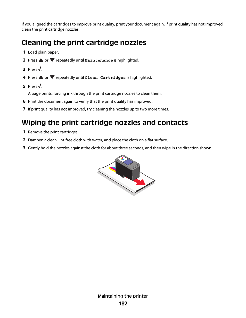 Cleaning the print cartridge nozzles, Wiping the print cartridge nozzles and contacts | Lexmark 9500 Series User Manual | Page 182 / 290
