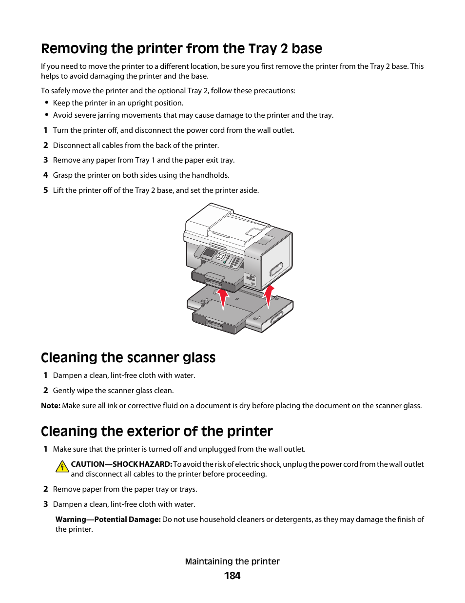 Removing the printer from the tray 2 base, Cleaning the scanner glass, Cleaning the exterior of the printer | Lexmark 9500 Series User Manual | Page 184 / 290