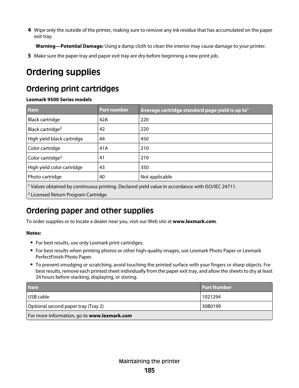 Ordering supplies, Ordering print cartridges, Ordering paper and other supplies | Lexmark 9500 Series User Manual | Page 185 / 290
