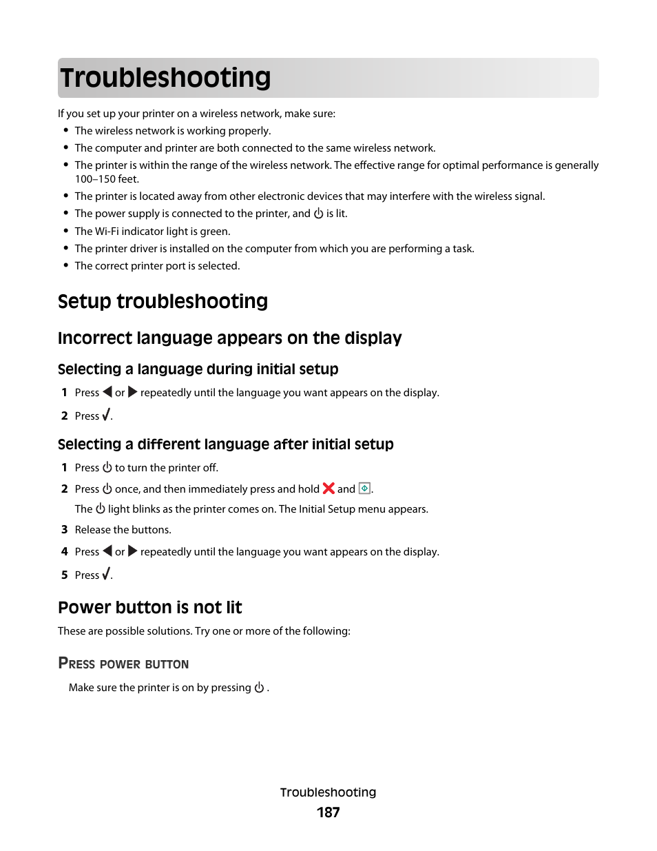 Troubleshooting, Setup troubleshooting, Incorrect language appears on the display | Power button is not lit | Lexmark 9500 Series User Manual | Page 187 / 290