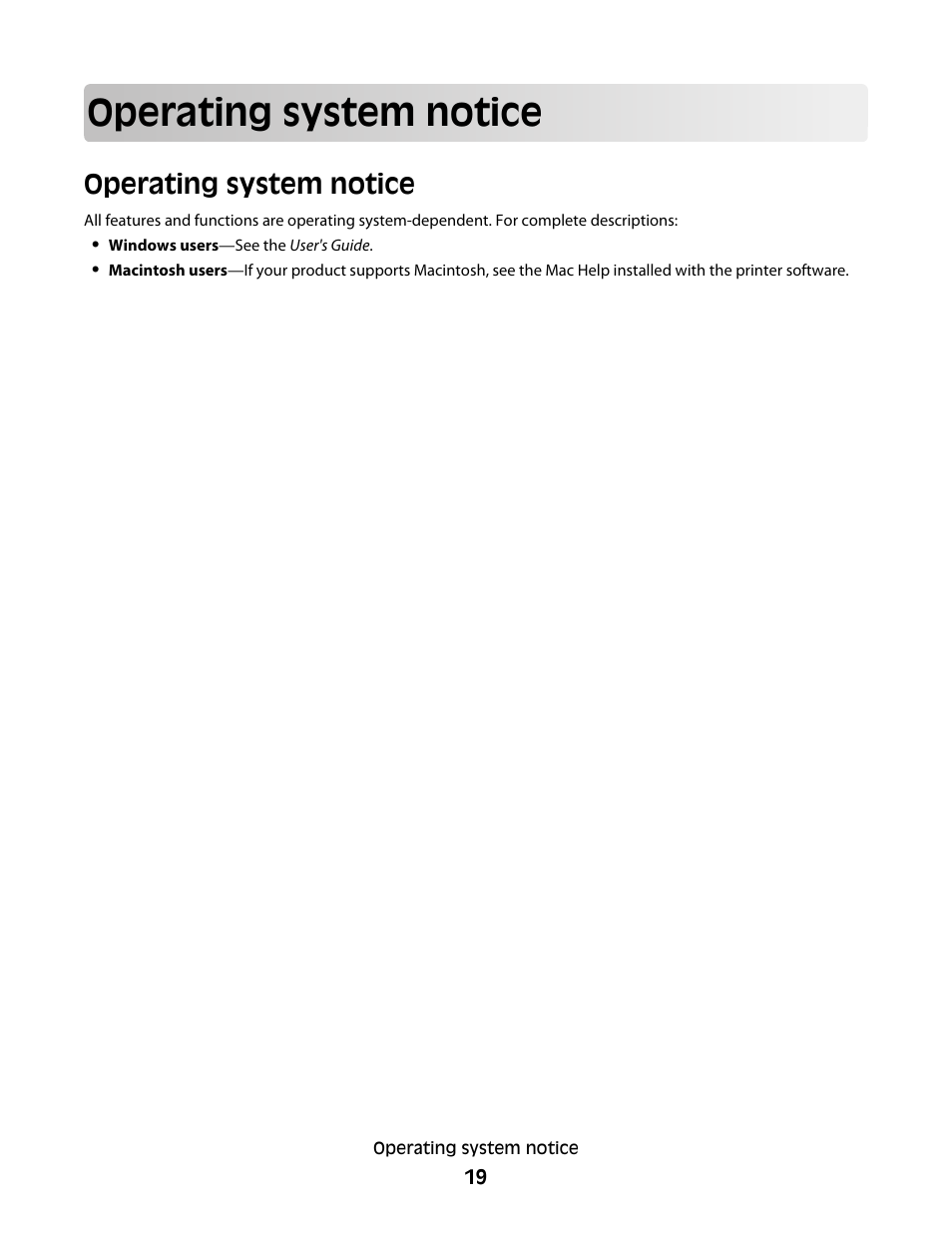 Operating system notice | Lexmark 9500 Series User Manual | Page 19 / 290