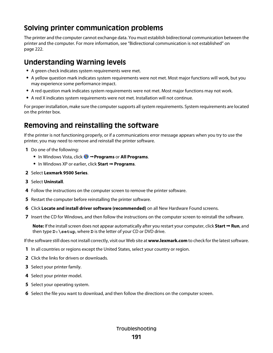 Solving printer communication problems, Understanding warning levels, Removing and reinstalling the software | Lexmark 9500 Series User Manual | Page 191 / 290