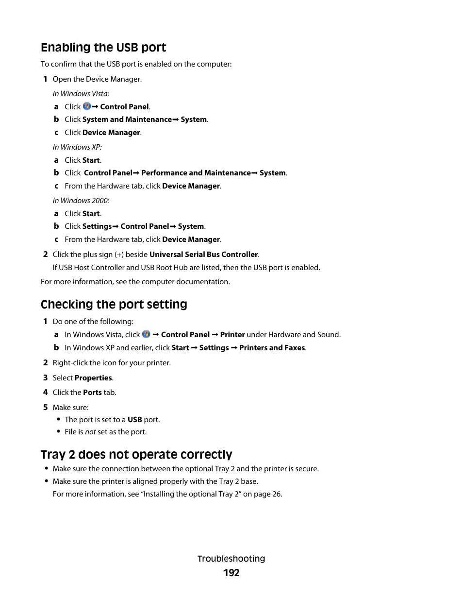 Enabling the usb port, Checking the port setting, Tray 2 does not operate correctly | Lexmark 9500 Series User Manual | Page 192 / 290