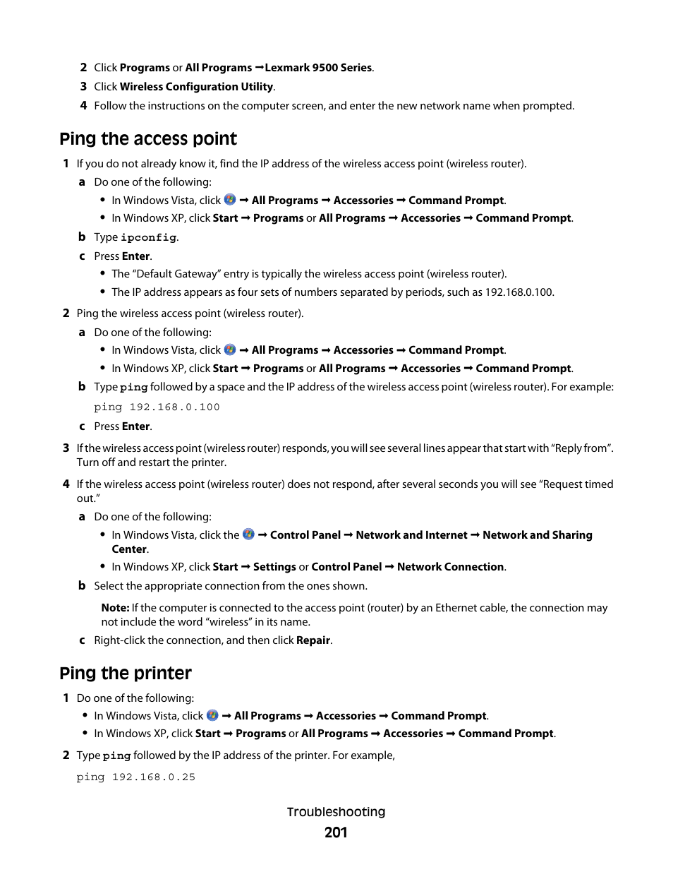 Ping the access point, Ping the printer, Ping the access point ping the printer | Lexmark 9500 Series User Manual | Page 201 / 290