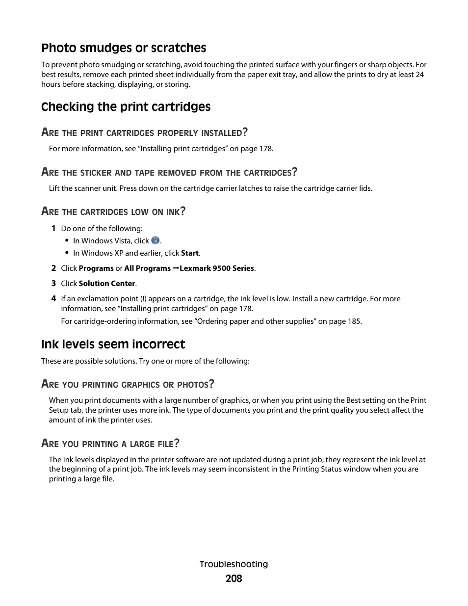 Photo smudges or scratches, Checking the print cartridges, Ink levels seem incorrect | Checking the print cartridges a | Lexmark 9500 Series User Manual | Page 208 / 290