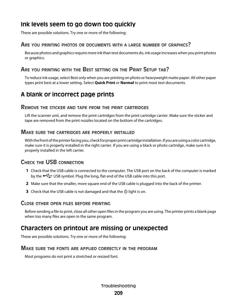 Ink levels seem to go down too quickly, Characters on printout are missing or unexpected, A blank or incorrect page prints r | Lexmark 9500 Series User Manual | Page 209 / 290