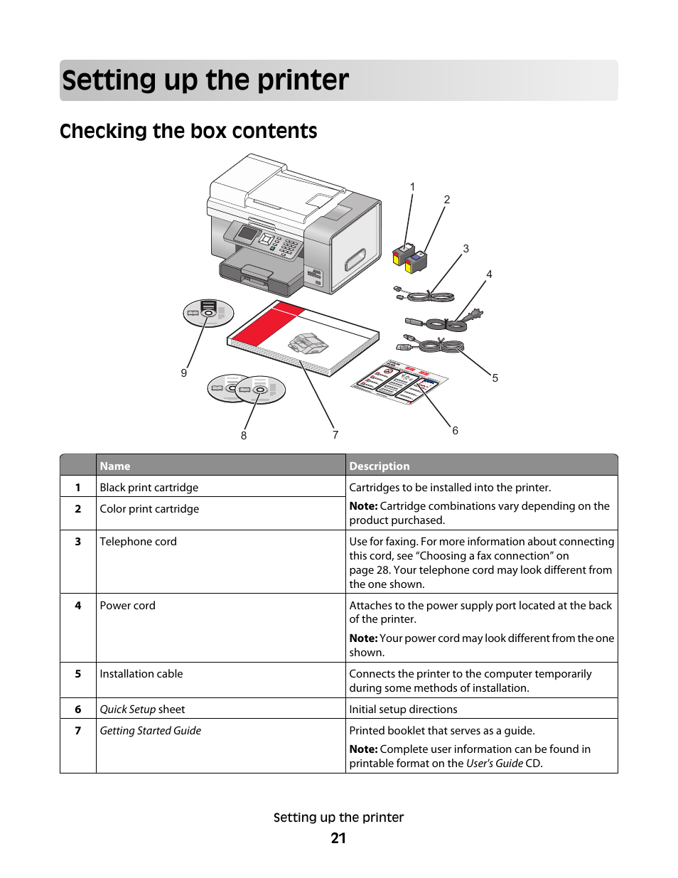Setting up the printer, Checking the box contents | Lexmark 9500 Series User Manual | Page 21 / 290