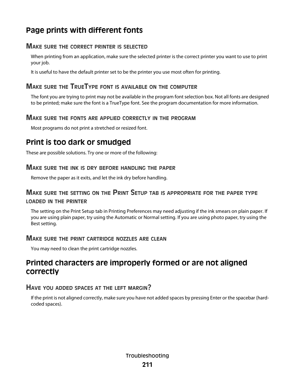 Print is too dark or smudged, Page prints with different fonts m | Lexmark 9500 Series User Manual | Page 211 / 290