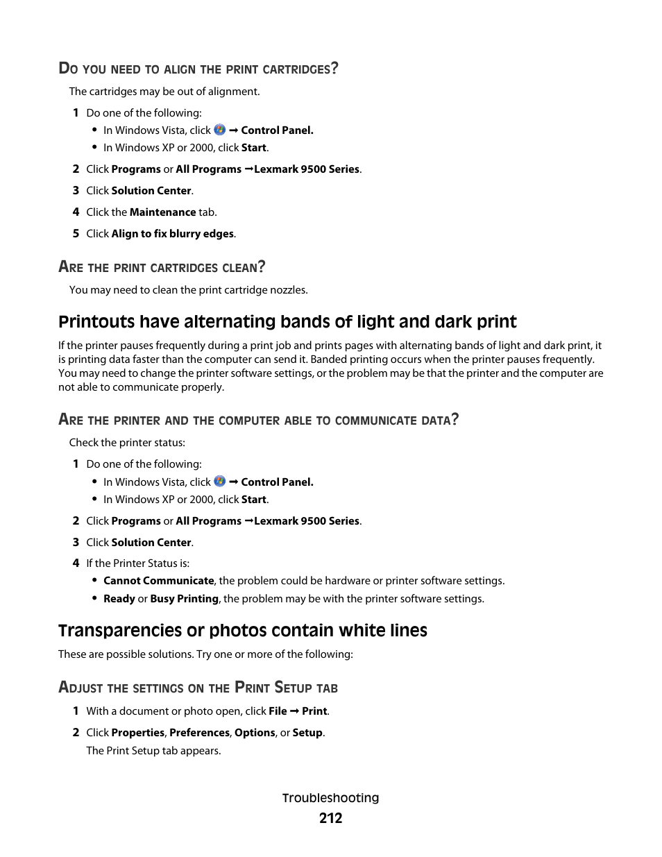 Transparencies or photos contain white lines | Lexmark 9500 Series User Manual | Page 212 / 290