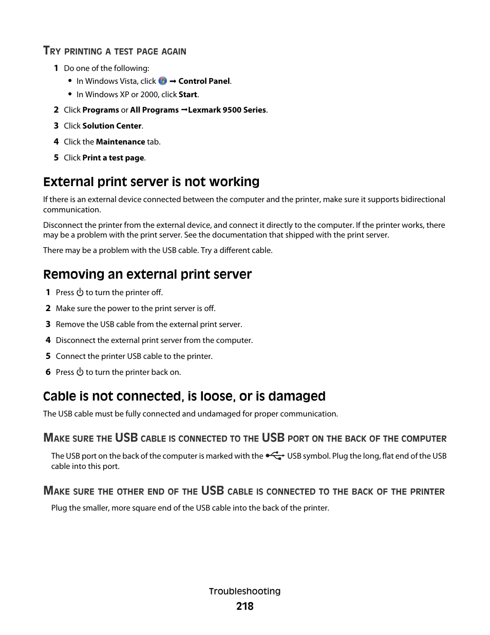 External print server is not working, Removing an external print server, Cable is not connected, is loose, or is damaged | Lexmark 9500 Series User Manual | Page 218 / 290