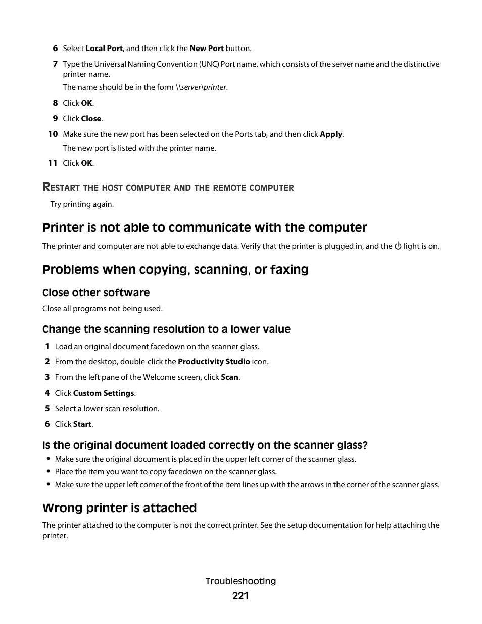 Problems when copying, scanning, or faxing, Wrong printer is attached | Lexmark 9500 Series User Manual | Page 221 / 290