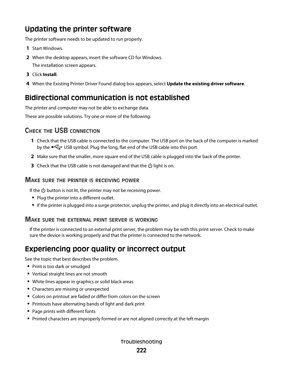 Updating the printer software, Bidirectional communication is not established, Experiencing poor quality or incorrect output | Lexmark 9500 Series User Manual | Page 222 / 290