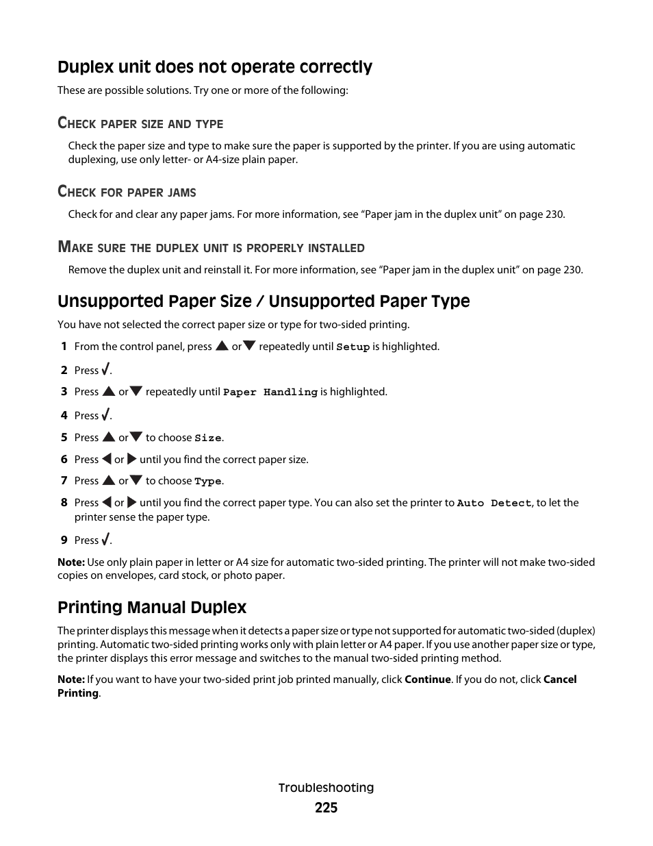 Duplex unit does not operate correctly, Unsupported paper size / unsupported paper type, Printing manual duplex | Lexmark 9500 Series User Manual | Page 225 / 290