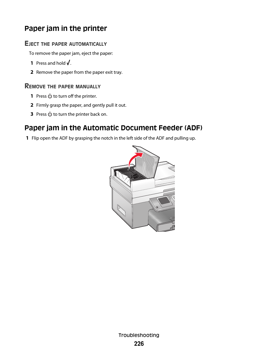Paper jam in the printer, Paper jam in the automatic document feeder (adf), Paper jam in the printer e | Lexmark 9500 Series User Manual | Page 226 / 290