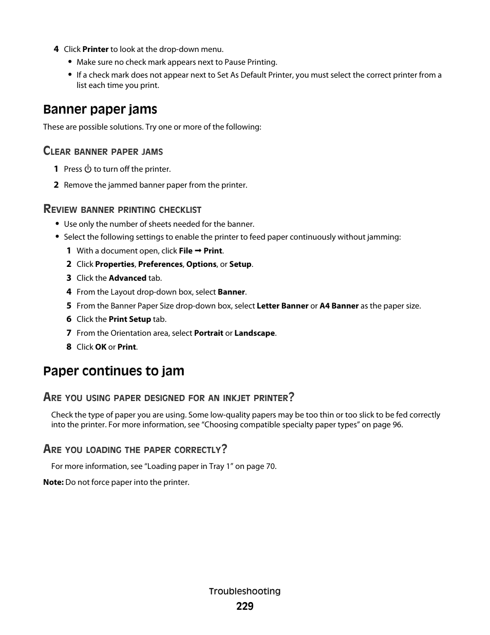 Banner paper jams, Paper continues to jam, Banner paper jams paper continues to jam | Paper continues to jam a | Lexmark 9500 Series User Manual | Page 229 / 290