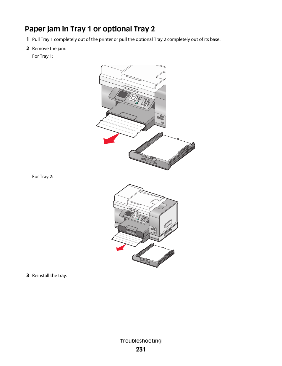 Paper jam in tray 1 or optional tray 2 | Lexmark 9500 Series User Manual | Page 231 / 290