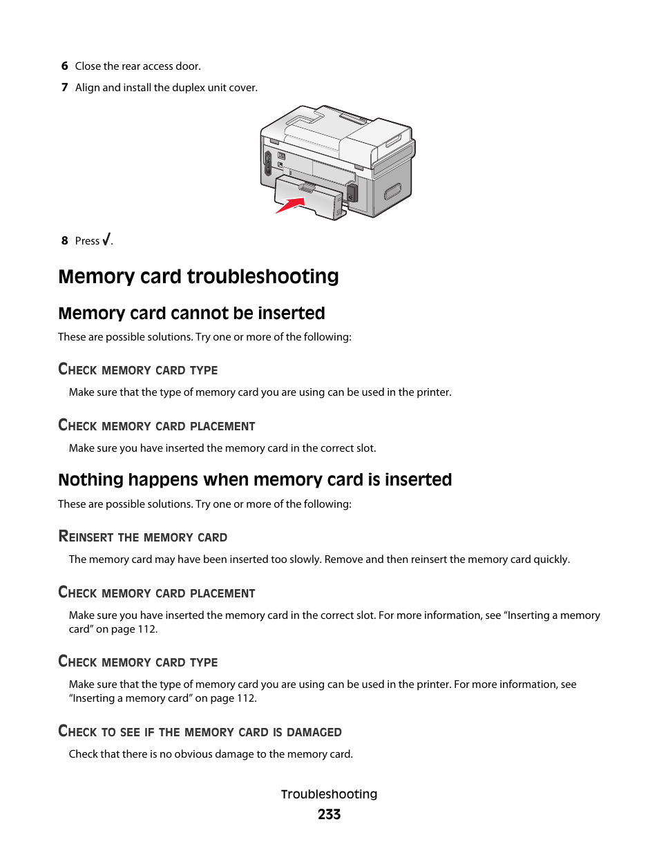 Memory card troubleshooting, Memory card cannot be inserted, Nothing happens when memory card is inserted | Lexmark 9500 Series User Manual | Page 233 / 290