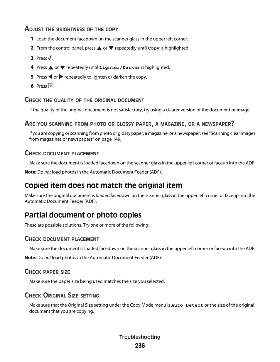 Copied item does not match the original item, Partial document or photo copies | Lexmark 9500 Series User Manual | Page 236 / 290