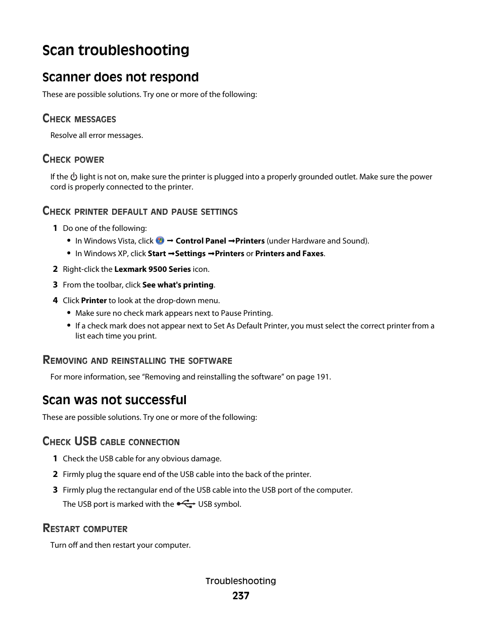 Scan troubleshooting, Scanner does not respond, Scan was not successful | Lexmark 9500 Series User Manual | Page 237 / 290
